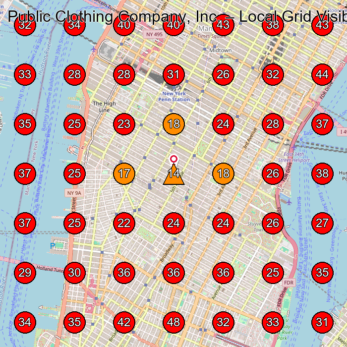 Public Clothing Company, Inc. GeoGrid visibility map for Clothing Supplier in Brooklyn